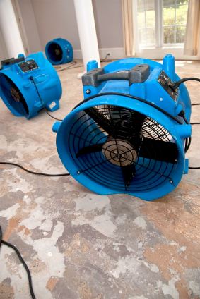 Thompson's Cleaning Service's drying fans in water damaged house.